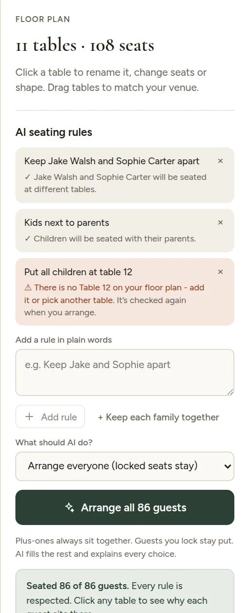 AI seating rules in the seatings app: keep people apart, seat kids next to parents