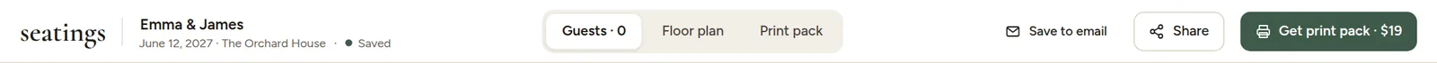 The top bar of a plan with the Guests, Floor plan and Print pack tabs