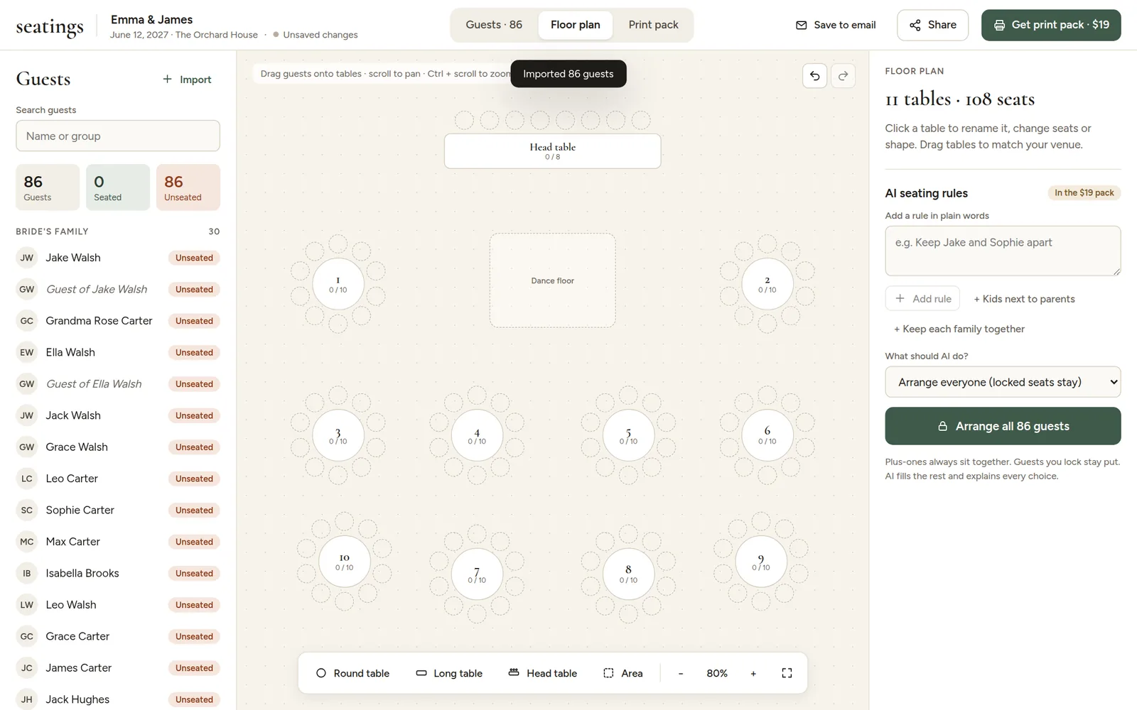 The floor plan with a head table, round tables and the dance floor