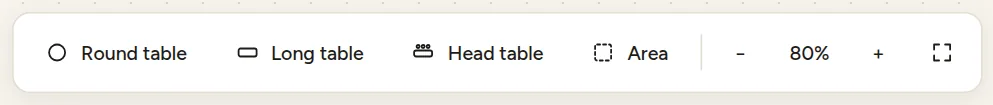 The floor plan toolbar with Round table, Long table, Head table, Area and zoom