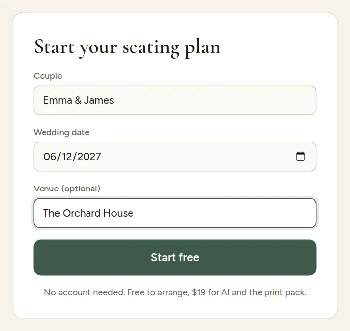 The Start your seating plan form with the couple's names, wedding date and venue