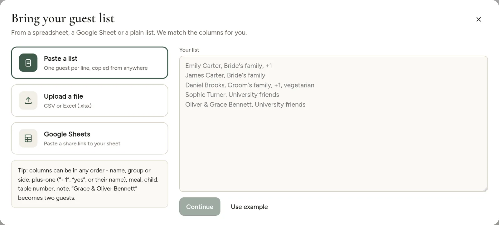 The Bring your guest list window with Paste a list, Upload a file and Google Sheets