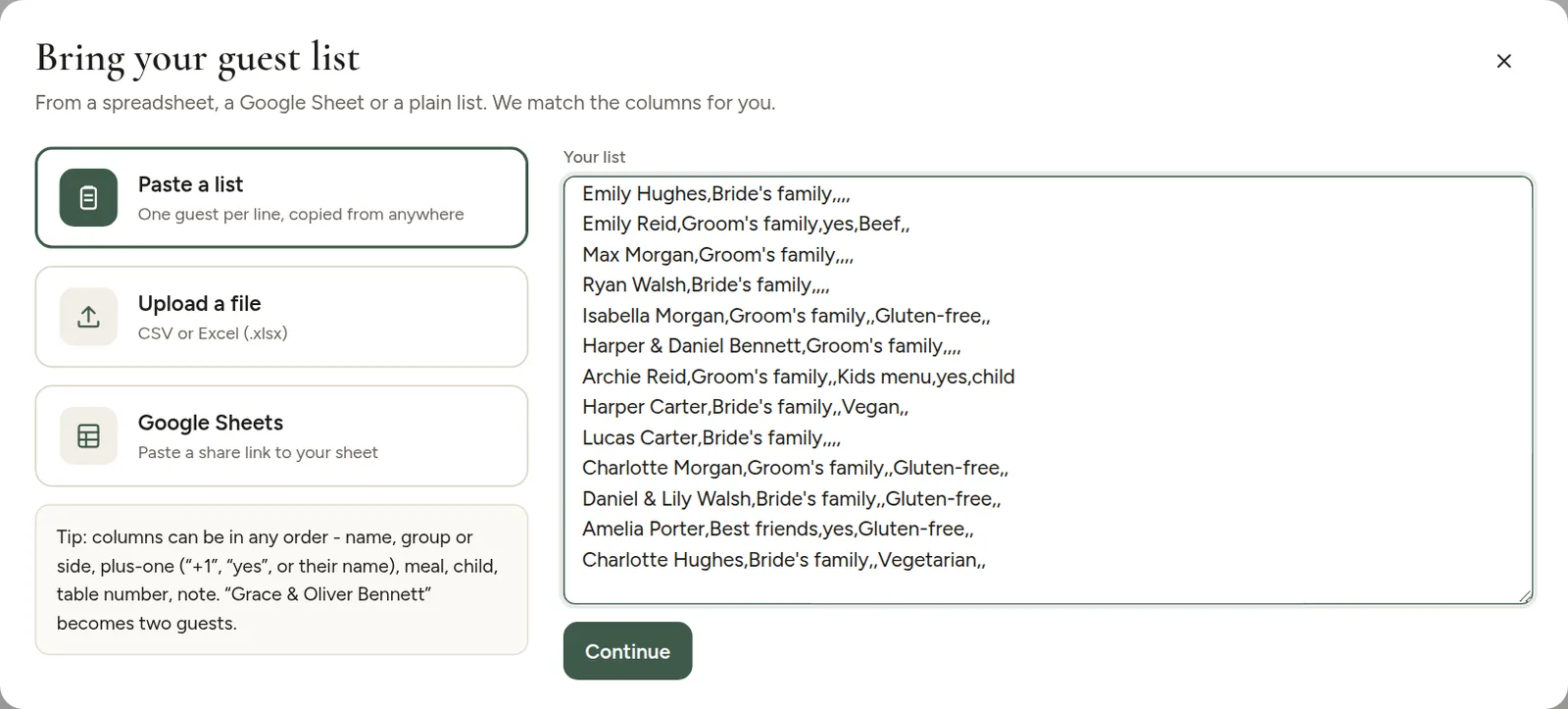 A pasted guest list with names, sides, plus-ones and meals