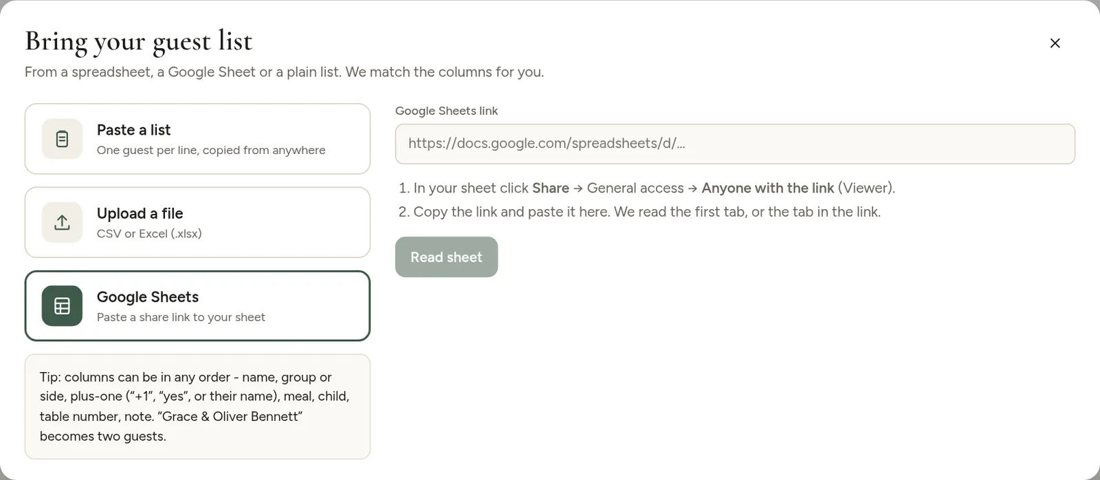 The Google Sheets option with a field for the sheet's share link