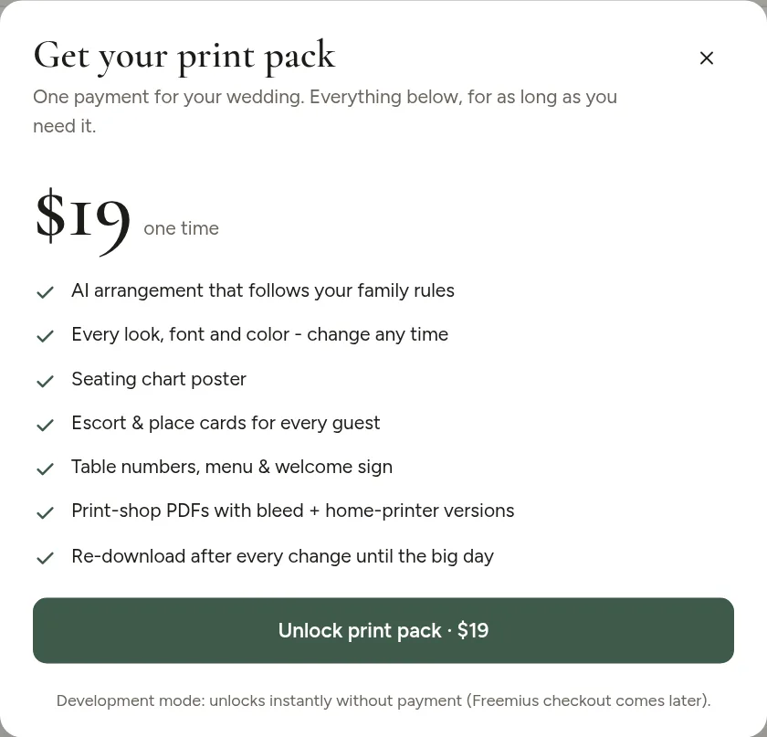 The unlock window with what is included and the price