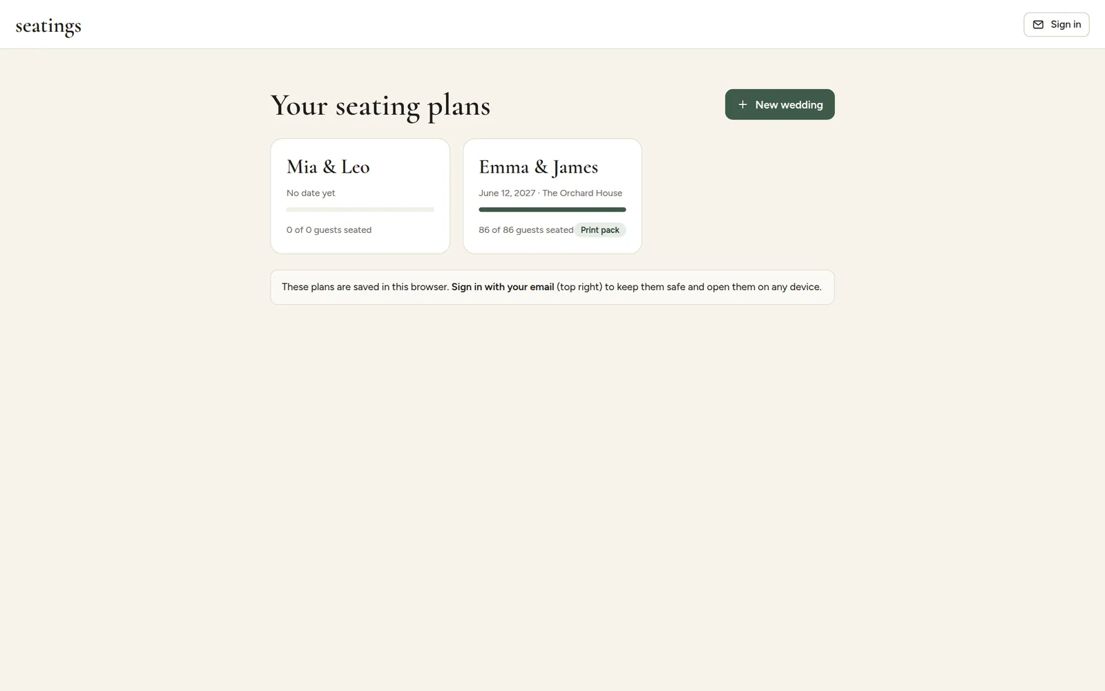 The list of seating plans on the start page