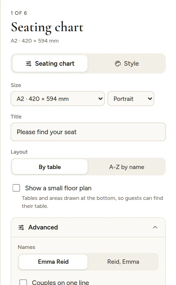 Seating chart options: size, title, layout, floor plan and Advanced