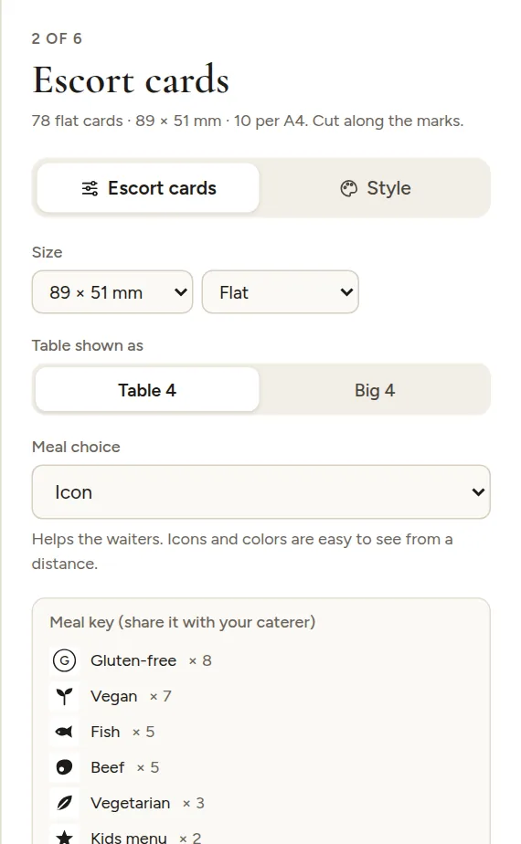 Escort card options: size, table style, meal choice and the meal key