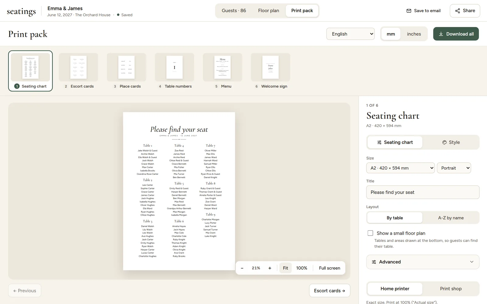 The Print pack tab with the six pieces at the top, the preview in the middle and the options on the right