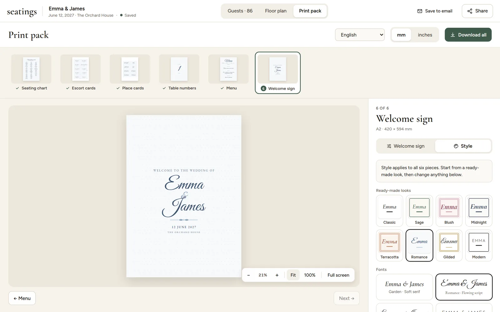 The Style tab with eight ready-made looks and seven font pairs