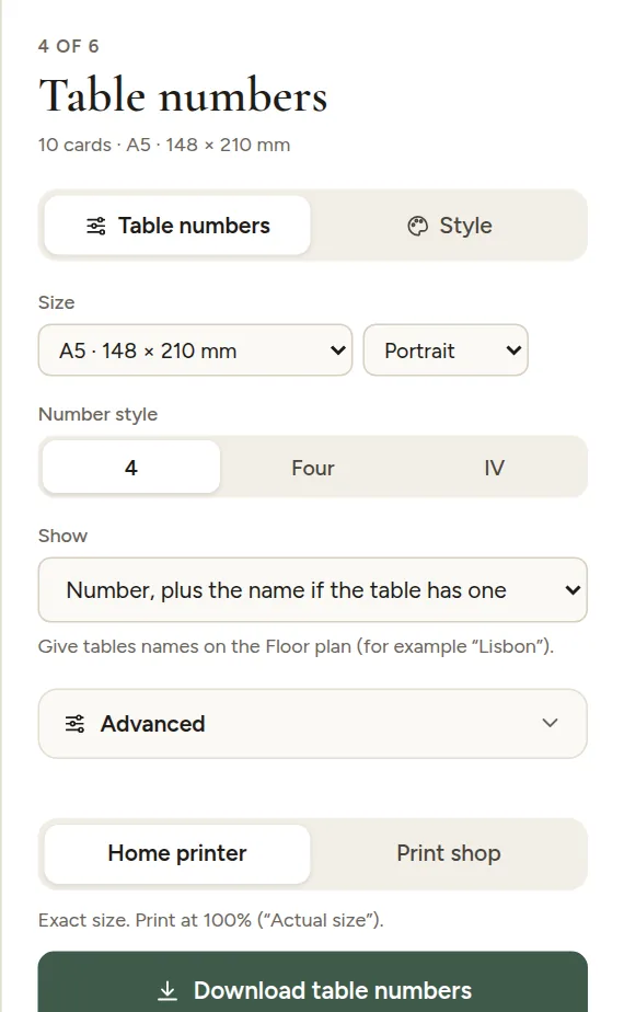 Table number options: number style and what to show