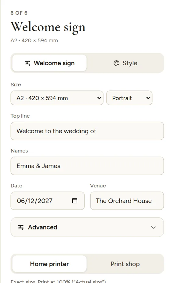 Welcome sign advanced options: show names or monogram, photo, quote, order of the day, hashtag and note