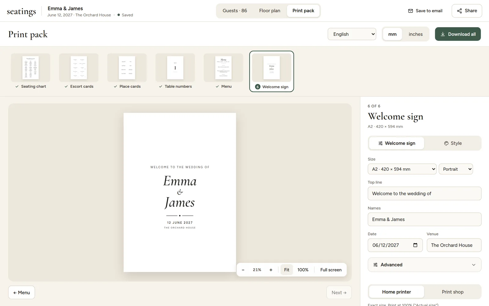 A welcome sign in the preview with its options on the right