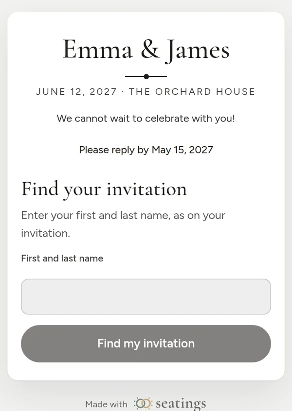 The RSVP page on a phone: find your invitation by name