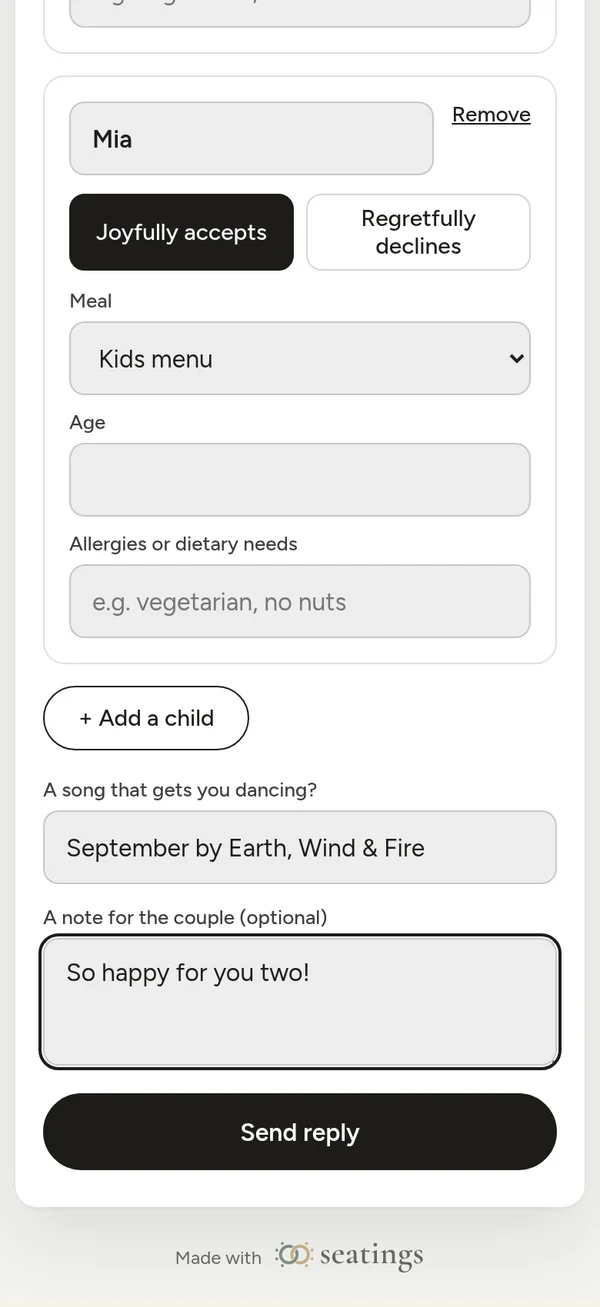 The RSVP form on a phone with meal choice, allergies and an added child