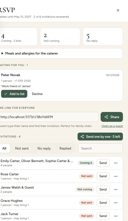 The RSVP panel: totals, requests waiting for approval, the link for everyone and the invitations