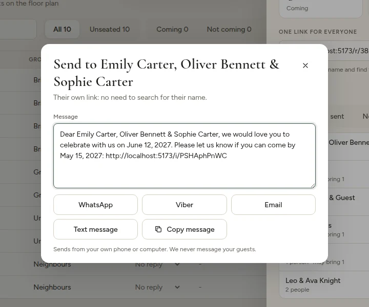 Sending an invitation: WhatsApp, Viber, Email, text message or copy
