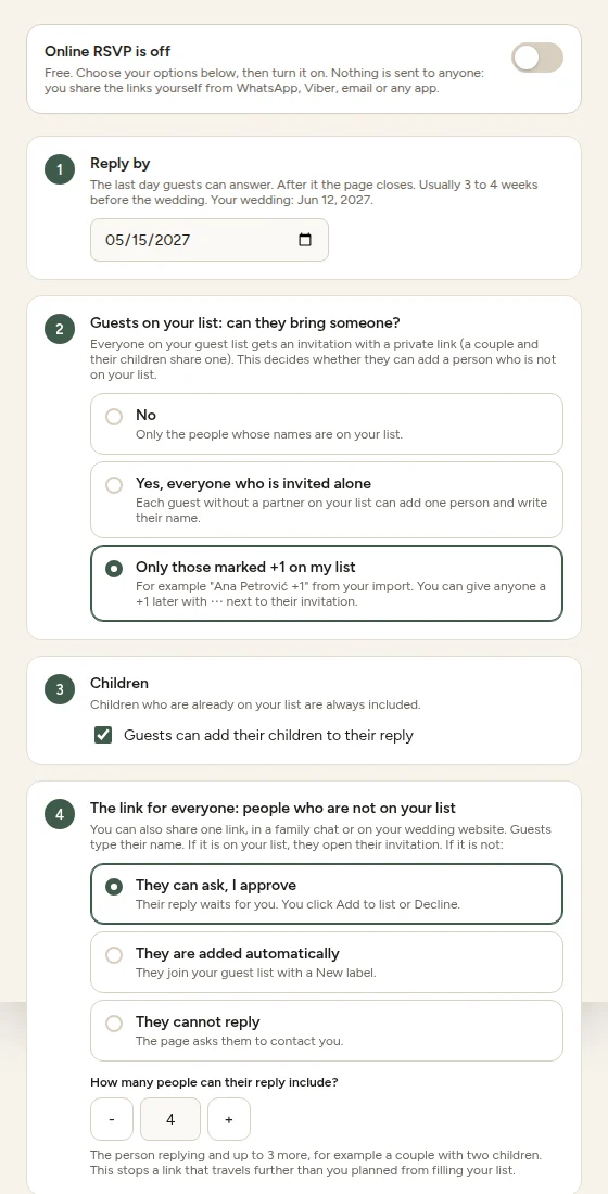 The RSVP panel before it is turned on: the switch and every option