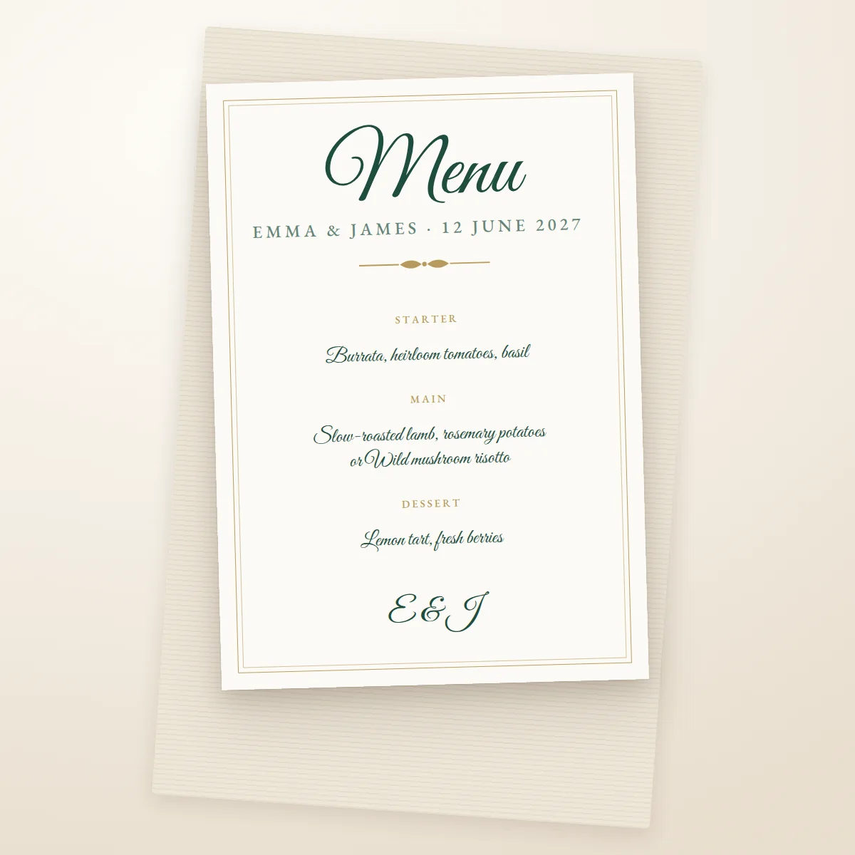 Menu from the seatings print pack