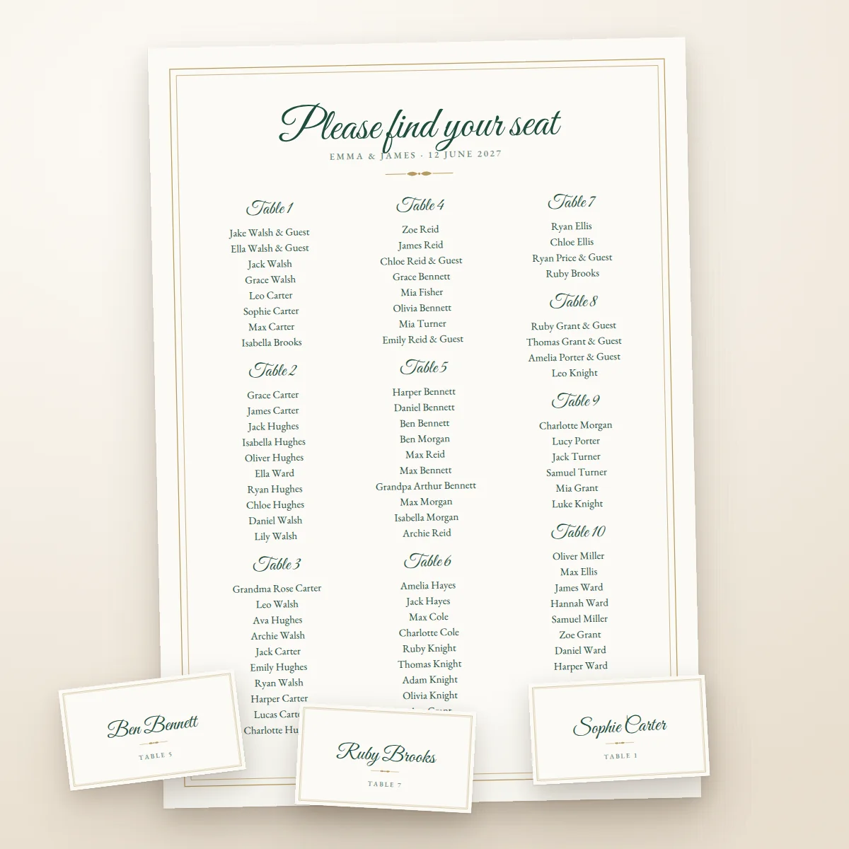 Seating chart from the seatings print pack
