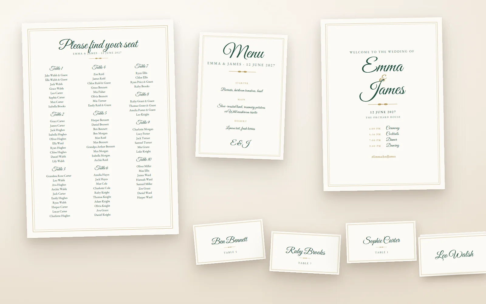 A matching wedding print set made with seatings: seating chart poster, A5 menu, welcome sign, escort cards and a place card