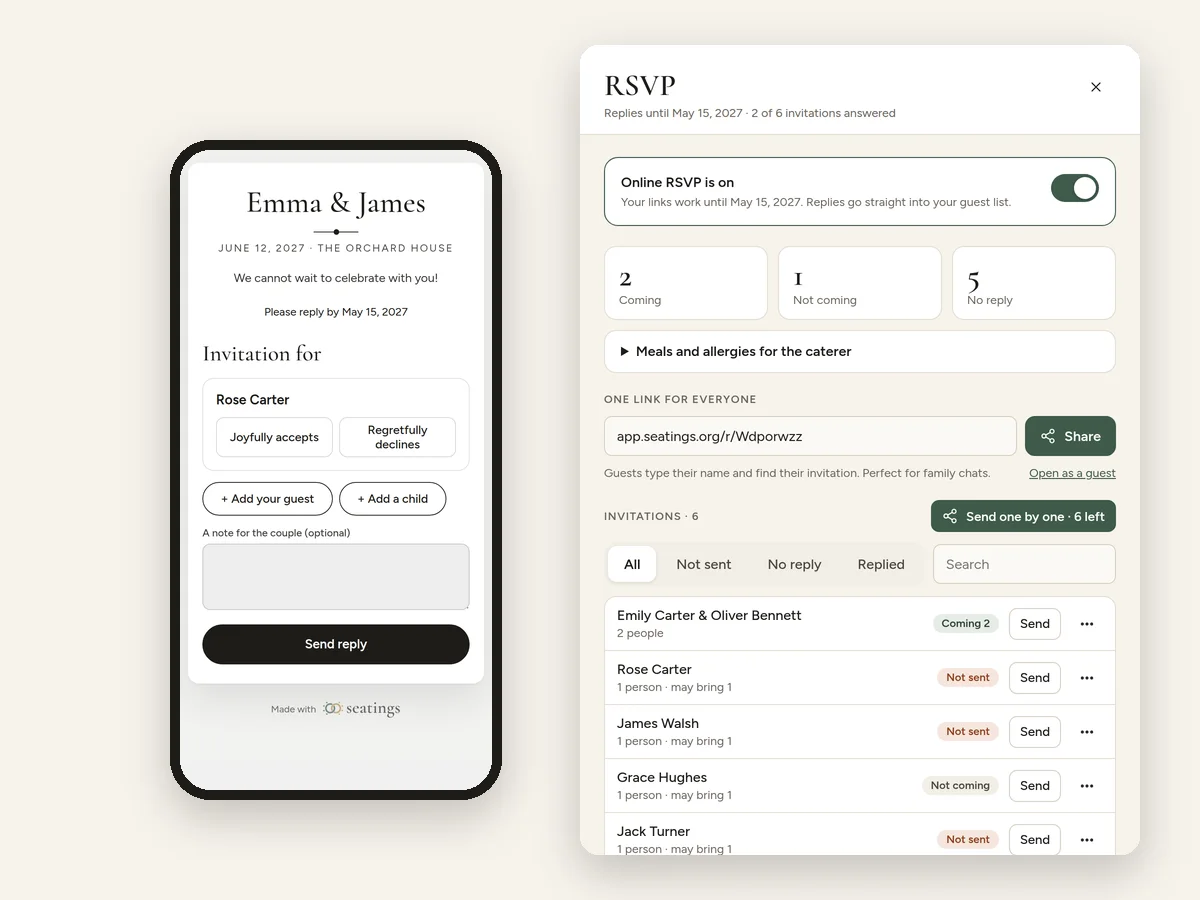 Online wedding RSVP with seatings: a guest replies on their phone and the answers appear in the RSVP panel and guest list